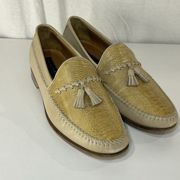 Johnston & Murphy Genuine Ostrich Leather Tassel Loafers Tan Mens 10.5 Italy - Picture 1 of 8